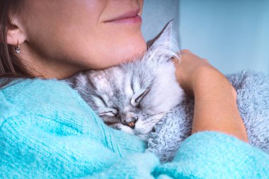 Sevimli kedisine sarılan bir kadın sıcak battaniyesinin altında uyuyor. Evcil hayvanlar ve insan aşkı