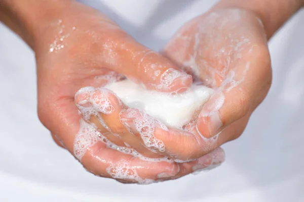 Closeup of man washing hands with soap — Stock Photo, Image
