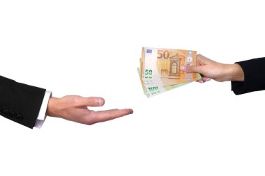 El ve para vermek ve beyaz arka planda izole para almak. Borç para