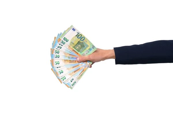 Άνδρας χέρι με ευρώ μετρητά χρήματα απομονώνονται σε λευκό φόντο — Φωτογραφία Αρχείου