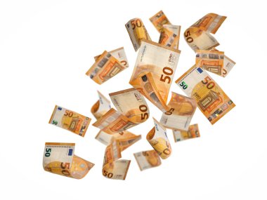Düşen 50 avroluk banknotlar beyaz arka planda izole edildi