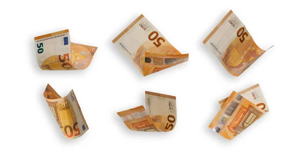 Flying 50 euro banknotes isolated on white background — Stock Photo, Image