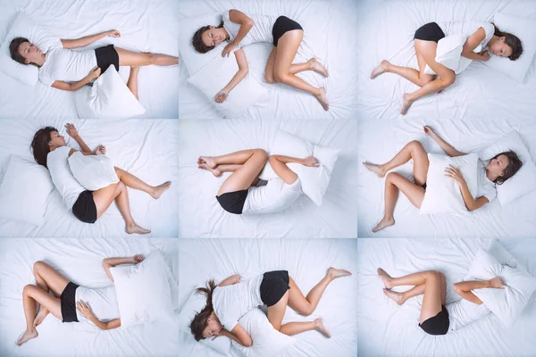 Vista superior de la mujer en diferentes posiciones de sueño. Tirando y girando por la noche. Insomnio, problemas para dormir o trastornos del sueño —  Fotos de Stock