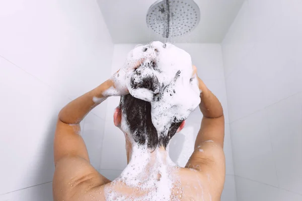 Rear View Young Woman Taking Shower Washing Hair Shampoo Water — Stock Photo, Image