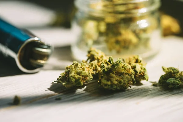 Close Medical Marijuana Cannabis Flower Buds Lighter High Quality Photo — Stock Photo, Image