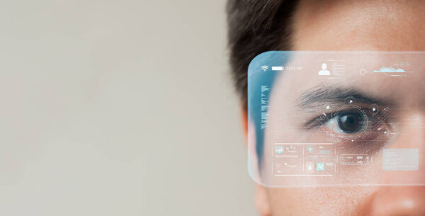 The metaverse universe, Man wearing augmented reality on virtual screen future technology, The real world with the virtual world overlapped, transformed into the virtual world.