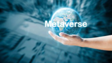 Metaverse sanal dünya, metaverse dijital dünya akıllı fütüristik arayüz teknolojisi, sosyal ağ viralizasyonu, 3D, AR, VR, gelecekteki yenilik. Bu görüntünün unsurları NASA tarafından sağlandı.