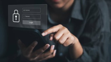 Concept of cyber security, user type login, and password, keeping user personal data safe, encryption, secure internet access, cyber security.	