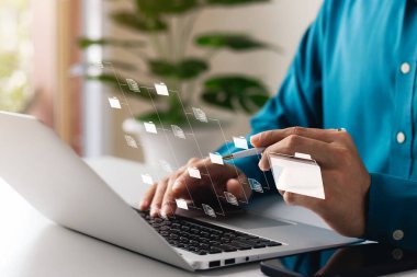 Belge yönetimi konsepti. Sanal ekran simgeleri Belge Yönetim Sistemi (DMS) Çevrimiçi belge veritabanı, verimli arşiv yazılımı, şirket dosyaları ve verilerinin arama ve yönetimi.