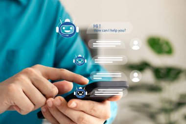 AI Chatbot akıllı dijital müşteri hizmetleri uygulama konsepti, bilgisayar mobil uygulaması müşterilere anında yardımcı olmak için yapay zeka sohbet robotları kullanıyor
