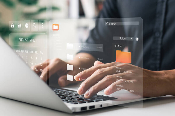 Document management concept. Virtual screen icons Document Management System (DMS) Online document database, software for efficient archiving, searching and management of company files and data.