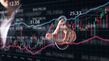 Sanal ekran ve veri istatistiksel endeksi grafiğine, borsa verilerine ve borsa konseptine dokunan işadamı, borsa mali analiz grafiği.