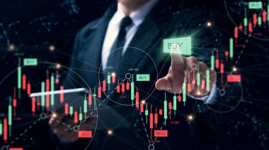 İşadamı eli değme grafiği arayüzü borsada hisse senedi satın alma finansal veri analizi, zamanında satın alma, gelecekte büyüyen şirketleri olan şirketlerin hisse senedi edinme fikirleri.