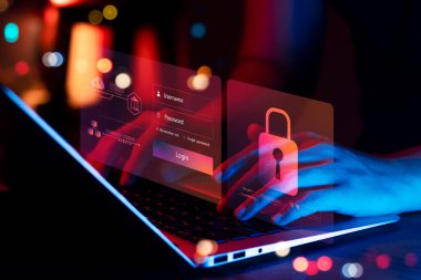 siber güvenlik konsepti, kullanıcı gizliliği güvenliği ve şifreleme, güvenli internet erişimi Gelecek teknolojisi ve sibernetik, ekran asma kilit.