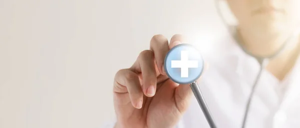 doctor holding a stethoscope in his hand Plus icon, detailed physical examination and patient analysis.