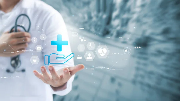 Health check and healthcare, doctor with stethoscope and medical icons, digital future health care.