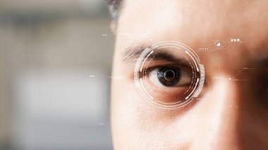 Eye examination and treatment, biometric scanning of close-up male eyes, health care.