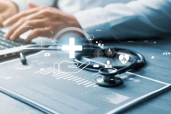 Health checks and healthcare, Doctors with stethoscope and medical icons, Digital healthcare and networking on modern digital future virtual screens