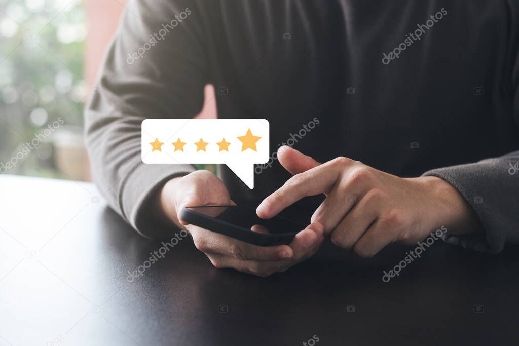 Satisfaction Survey Concept Reviews Customer Quality Assessment, Customer Rating on Smartphone, Service or Product Rating, 5 Star Rating.
