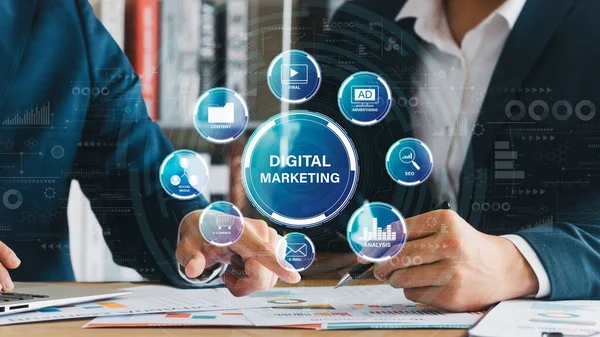 Digital marketing technology concepts in online media, online advertising to help increase sales and increase online sales channels to reach consumers from all over the world.
