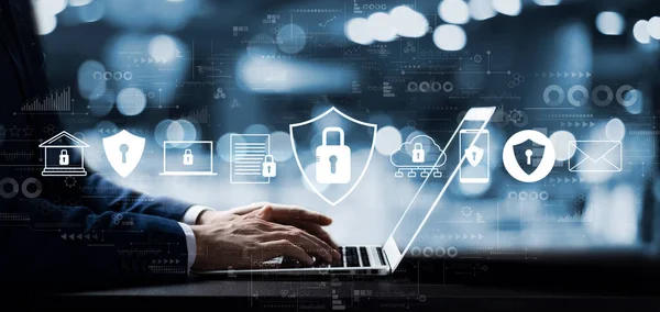 Cybersecurity concept global network security technology, business people protect personal information. Encryption with a padlock icon on the virtual interface.