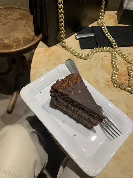 Délicieux Gâteau Chocolat Désert Sur Une Assiette Dans Café — Photo