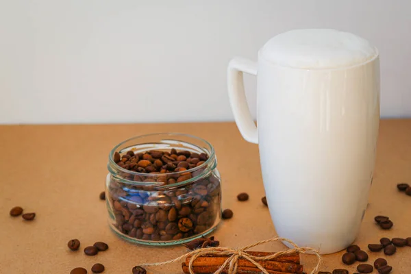 Cup Coffee Milk Beans Cinnamon — 스톡 사진
