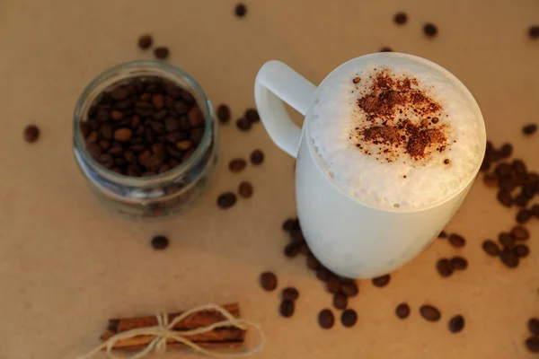 Cup Coffee Milk Beans Cinnamon — Fotografia de Stock