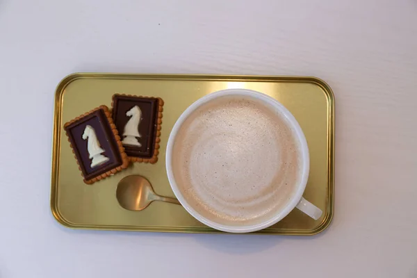 Cup Coffee Chocolate Cookies White Background — Fotografia de Stock