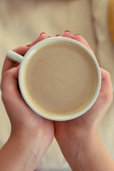 Person Holding Cup Coffee Milk Home —  Fotos de Stock