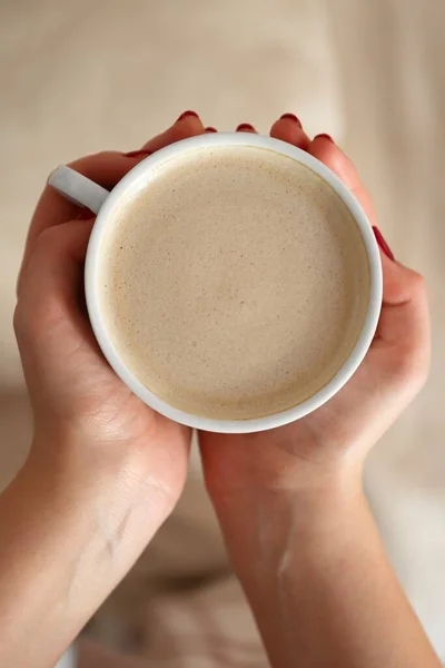 Person Holding Cup Coffee Milk Home — стоковое фото