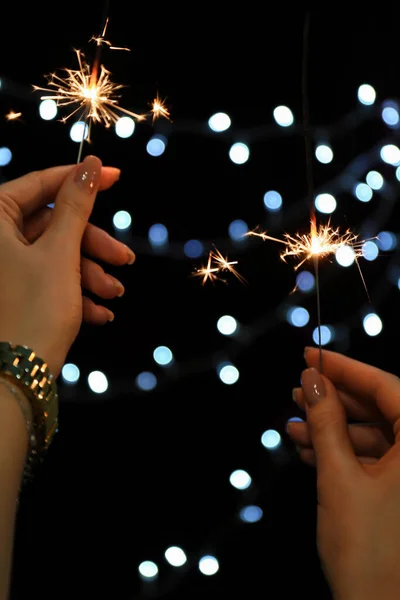 Girl Holding Hand Sparkler New Year — Photo