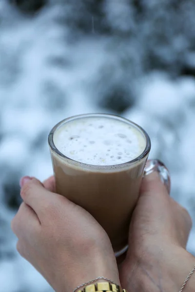 Girls Hands Hold Cup Coffee Milk Snowy Winter Background — 스톡 사진