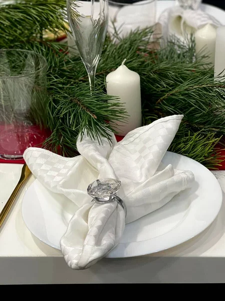 Served Festive Table Candlesticks Napkins Christmas Tree — стоковое фото