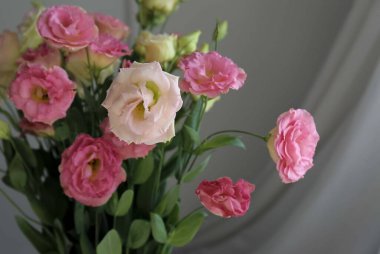  Masada pembe ve sarı çiçekler var.