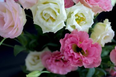  Masada pembe ve sarı çiçekler var.