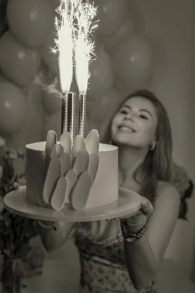 Woman Candle Cake Party — Stock Photo, Image