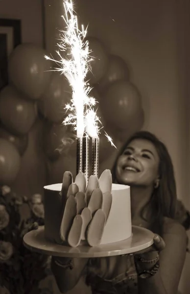 Woman Candle Cake Party — Zdjęcie stockowe