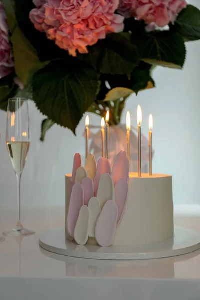 Рожевий Торт Свічками Зефіром Святкуванні — стокове фото