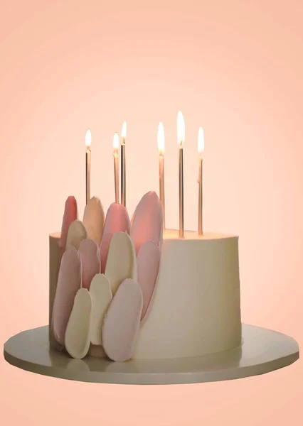 Pink Cake Candles Marshmallows Celebration — Fotografia de Stock