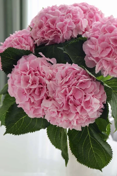 bouquet of pink hydrangeas in a vase on the table