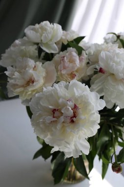  Masadaki vazoda bir buket beyaz çiçek şakayığı var.