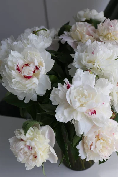Bouquet White Flowers Peonies Vase Table — Foto de Stock