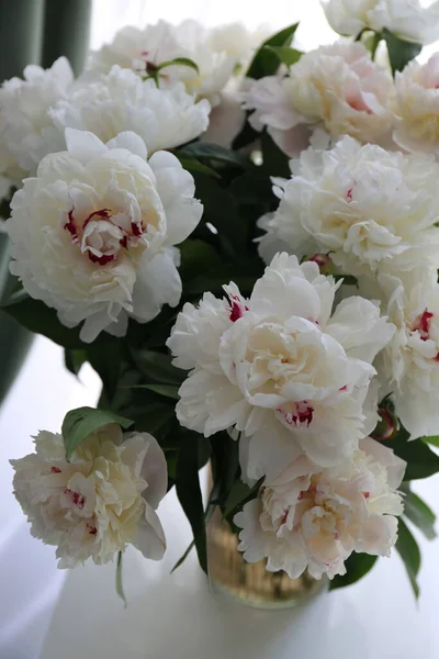 Bouquet White Flowers Peonies Vase Table — Photo