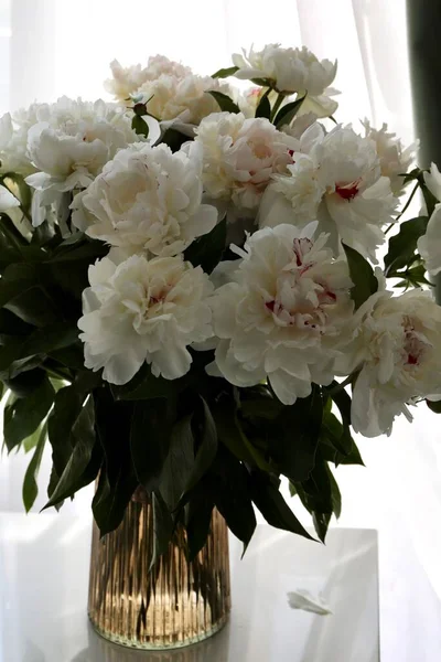 Bouquet White Flowers Peonies Vase Table — Stockfoto
