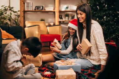 Mutlu bir aile Noel tatilinde birlikte oturur ve Noel hediyeleri hazırlar..