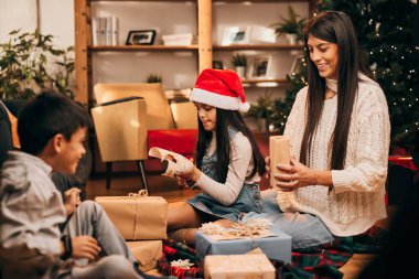 Mutlu bir aile yerde birlikte oturur ve Noel arifesinde Noel hediyelerini paketler. Noel ve Yeni Yıl