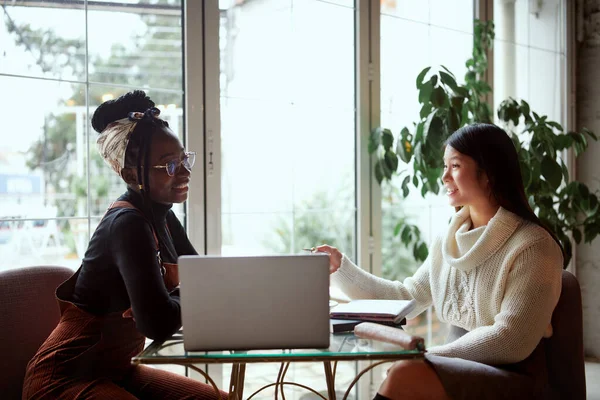 İki çok kültürlü kız öğrenci bir kafede oturuyor ve sınava hazırlanıyor. Bir öğrencinin yaşam tarzı..