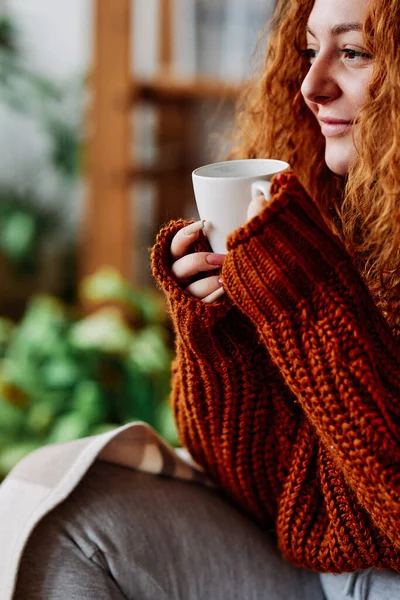 Cute Ginger Girl Curly Hair Sitting Chair Home Morning Drinking — Stock Photo, Image