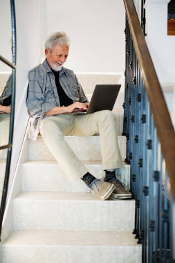 Mutlu bir son sınıf öğrencisi evdeki merdivenlerde dizüstü bilgisayarıyla oturur ve onu kullanır. İnternetten sınav sonuçlarını kontrol ediyor..